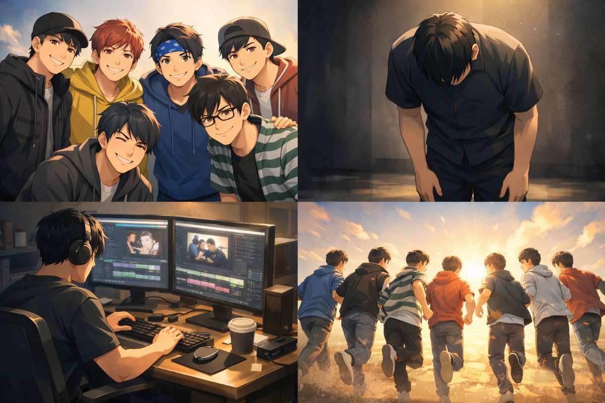 動画クリエイターグループが過去の困難や反省を乗り越え、裏方での努力を経て、再び6人の絆を胸に明るい未来へと走り出すアニメ調のイメージ