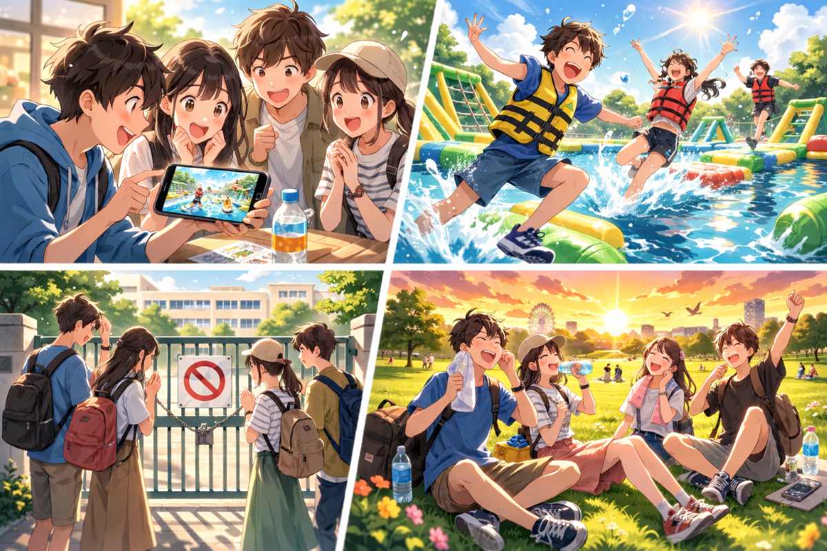スマホでアスレチック動画を見る若者たちと、実際に水上コースや公園で遊ぶ様子、立ち入り禁止の校門前でマナーを守る姿を描いた4コマ風イメージ
