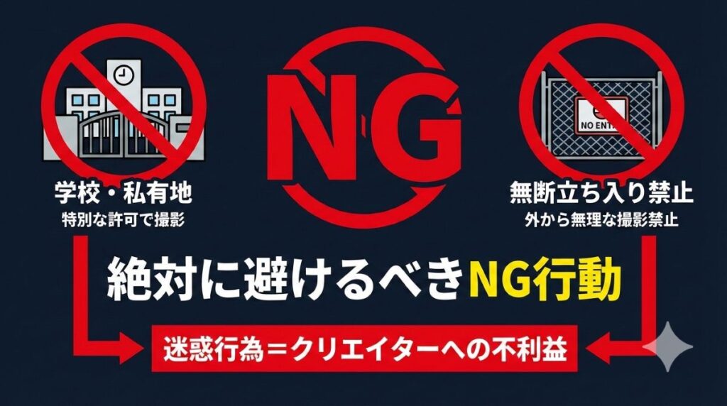 戸板女子短期大学や私有地など、特別な許可を得て撮影された一般開放されていないロケ地への無断立ち入りや撮影が完全なルール違反（即死レベルのNG行動）であることを警告する図解。