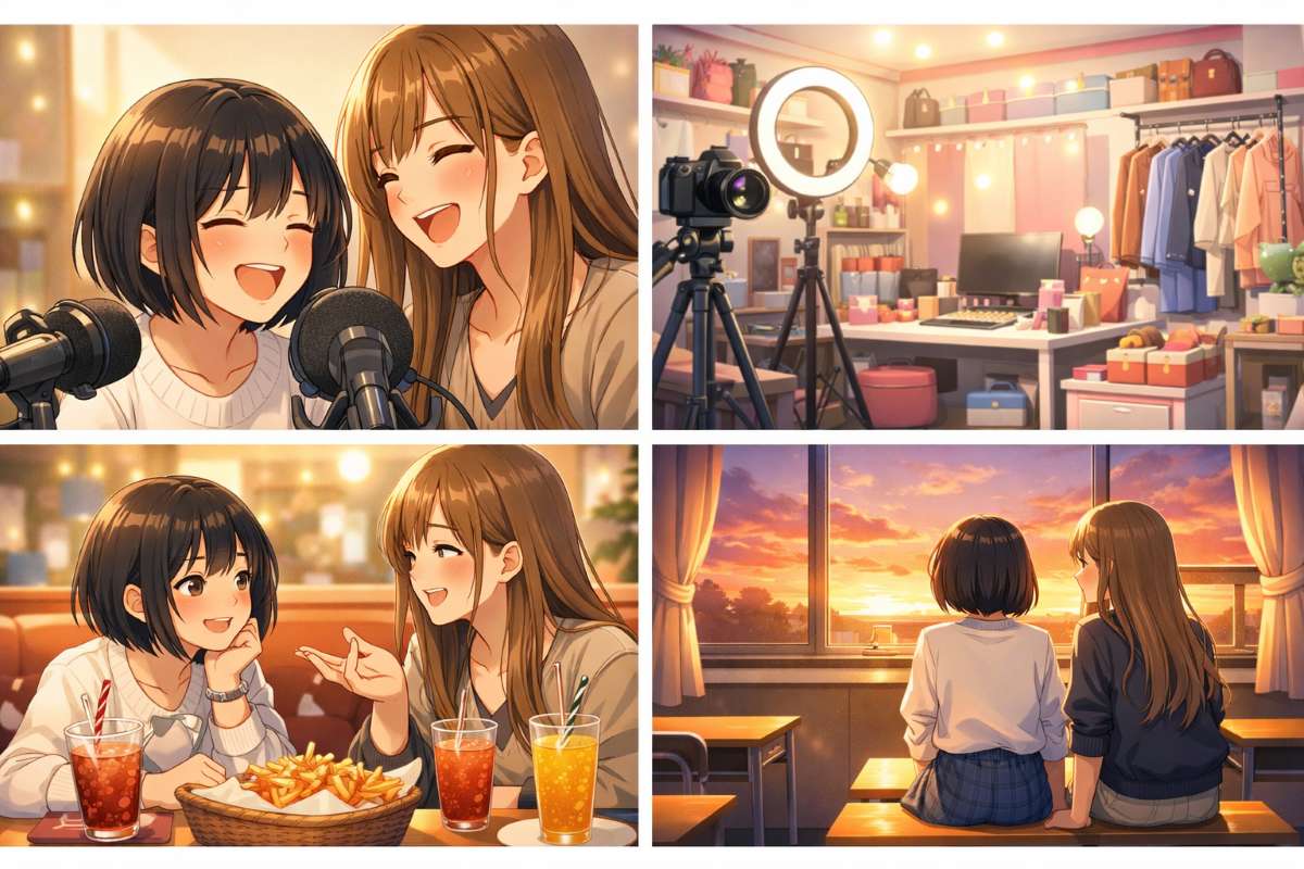 YouTuberむくえなの二人（むくとえな）が、マイクの前で楽しそうに話している様子。背景には撮影機材やカフェでの雑談、放課後の教室の夕暮れが描かれ、親しみやすい雰囲気が伝わってくるイラスト。