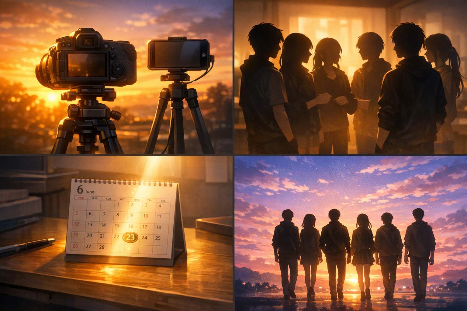 カメラ機材や話し合う6人のシルエット、6月の日付でYouTuberグループの活動終了と前向きなゴールを描いたイメージ