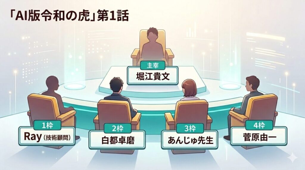AI版令和の虎・第1回の審査員（虎）5名の構成図。主宰の堀江貴文氏を中心に、技術顧問のRay氏、経営者の白都卓磨氏、あんじゅ先生、菅原由一氏の役割と配置が分かる。