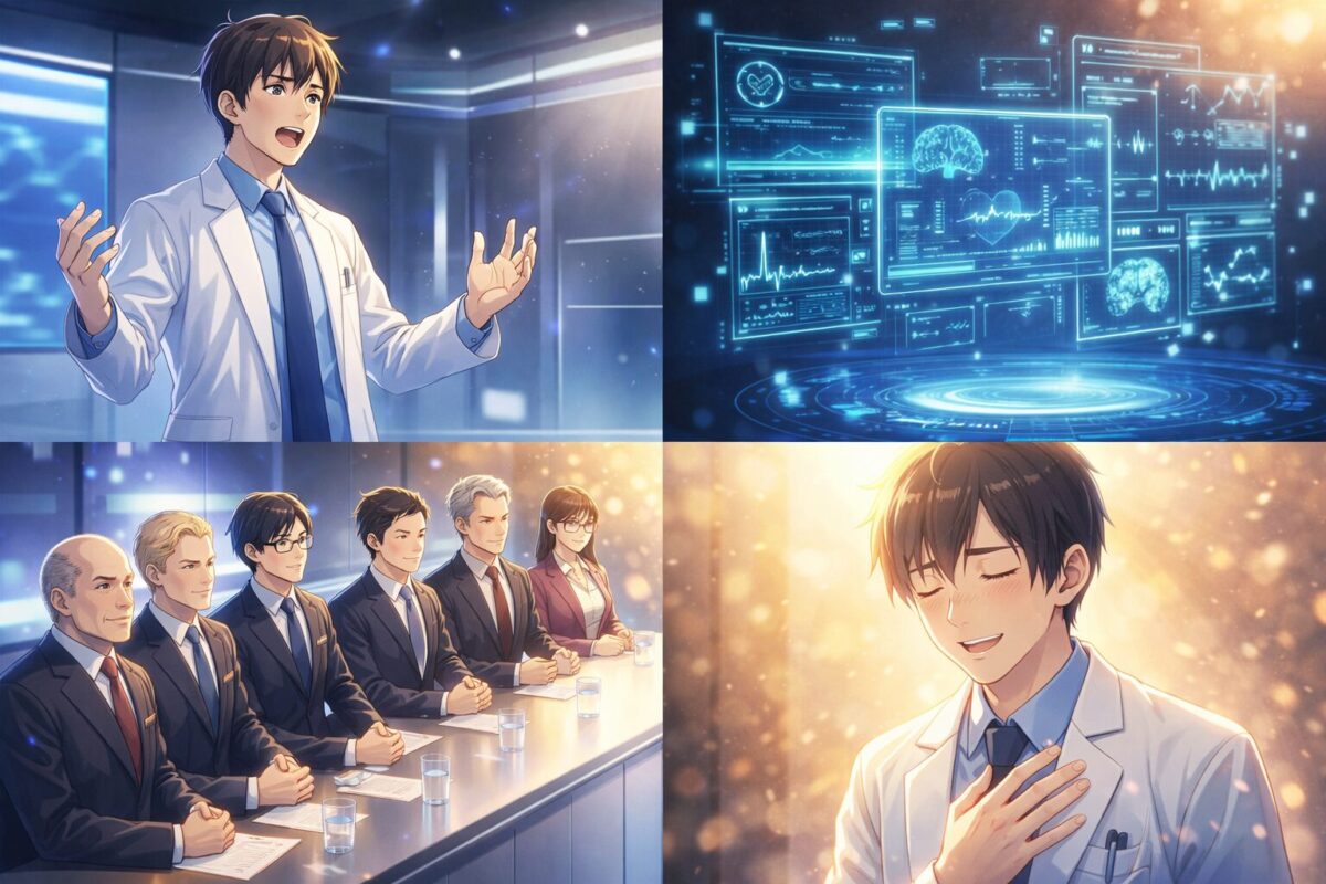 AI技術を用いたビジネスピッチ番組で、志願者の提案に投資家たちが賛同する様子のイメージ