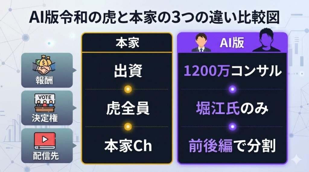AI版令和の虎と本家の違いをまとめた比較図。報酬（出資vsコンサル）、決定権（虎全員vs堀江氏のみ）、配信先（本家Chのみvs前後編で分割）の3点が視覚的に比較できる。