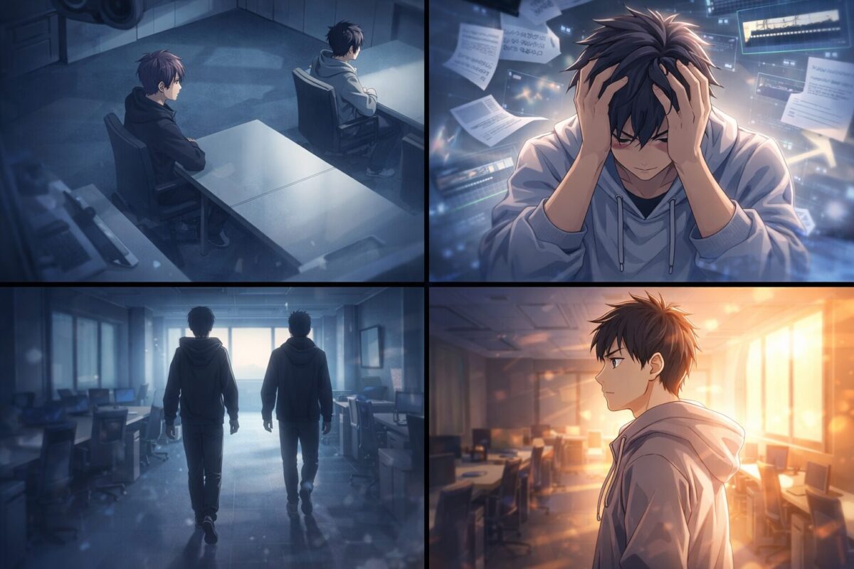 緊迫した会議室と去っていく仲間たち、一人で再起を決意する若いリーダーを描いたストーリーボード風アニメイラストのイメージ
