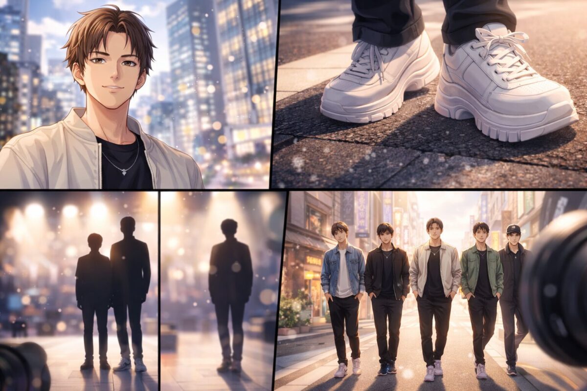 都会の街並みを背景にスタイリッシュな服装で立つ男性と、ボリュームのある厚底スニーカーの足元、並んだシルエットの身長差を比較する様子を描いたイメージ
