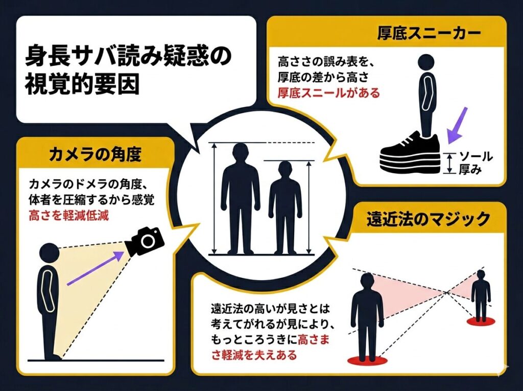 コラボ動画で身長サバ読みが疑われる「視覚的バグ」の要因分析図解。厚底スニーカーの着用、カメラの角度、遠近法による見え方の違いを構造的に解説し、疑惑の正体を図示した画像。