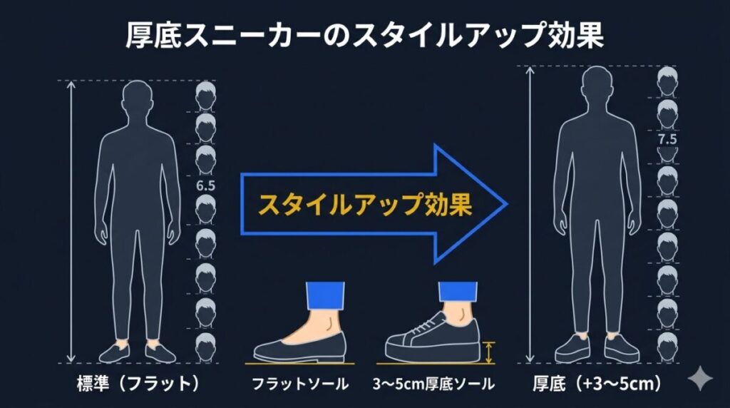 コムドットが愛用する厚底スニーカーによるスタイルアップ効果の仕組み。ソールの厚み(3〜5cm)が全身のシルエットバランスにどう影響するかをBefore/After形式で比較した解説画像。
