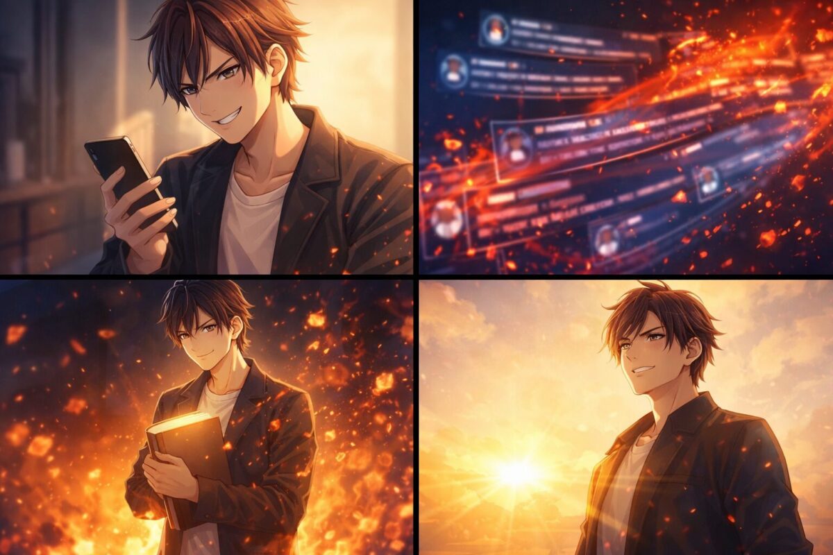 スマートフォンを片手に自信に満ちた表情を浮かべる若きクリエイターと、SNSの波紋、そして戦略の象徴である書籍が描かれた4コマ風イラストのイメージ。