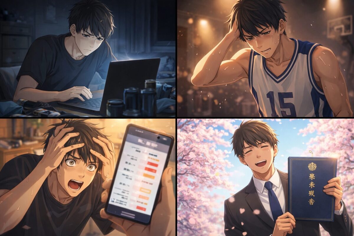 深夜の部屋でパソコンに向かい動画編集に追われる男子学生が、数々の困難を乗り越えて桜の舞う中で卒業証書を手にするまでの軌跡を描いたイメージ。