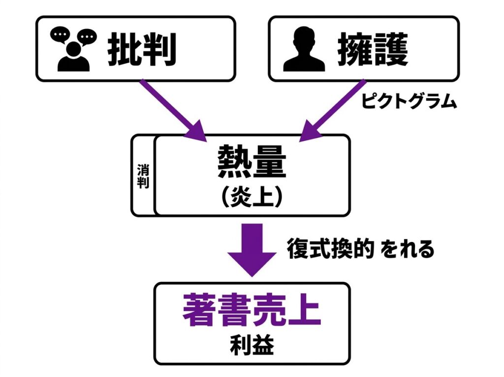 アンチの批判とファンの擁護が交わって熱量となり、書籍の売上など自身の利益へと変換されるビジネスモデルを解説した因果関係図