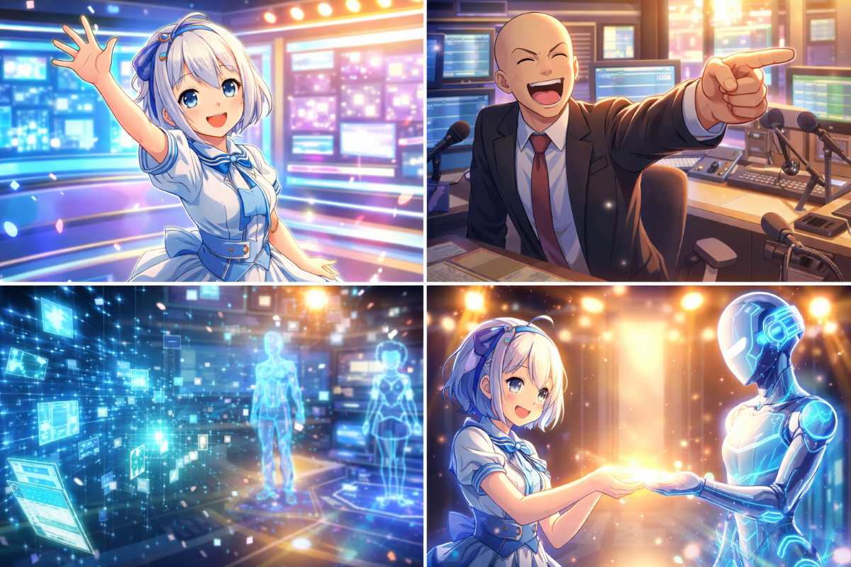 輝くテレビスタジオでバーチャルキャラクターが未来のAIホログラムへ笑顔で光のバトンを渡すイメージ