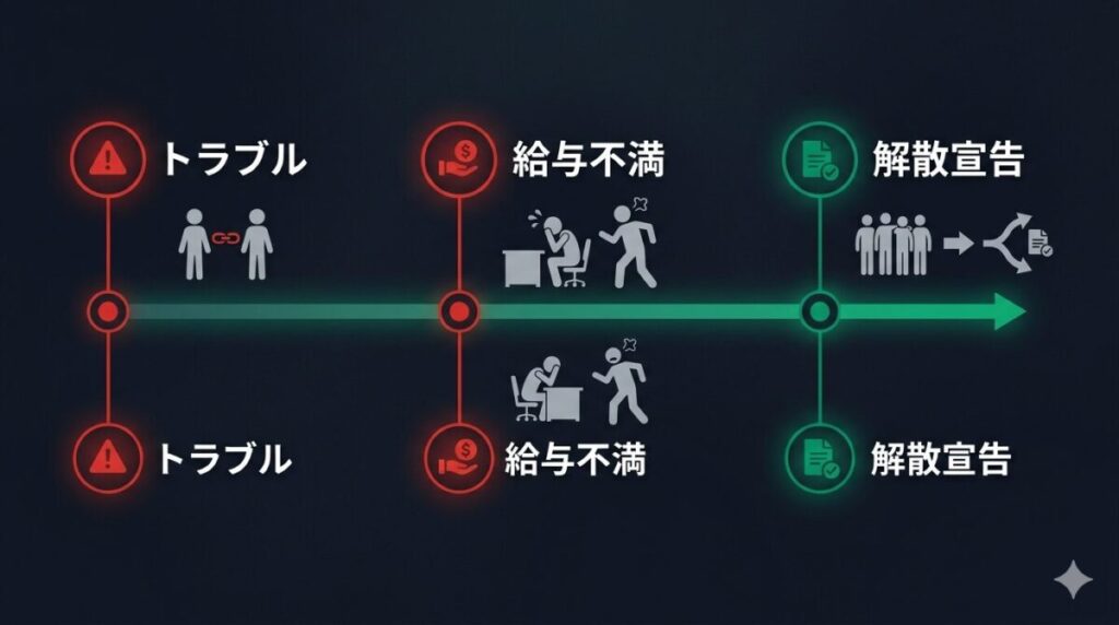 チャンネルがーどまんの解散騒動における、3月11日の会議から解散宣告に至るまでの時系列と決定打をまとめたタイムライン図解
