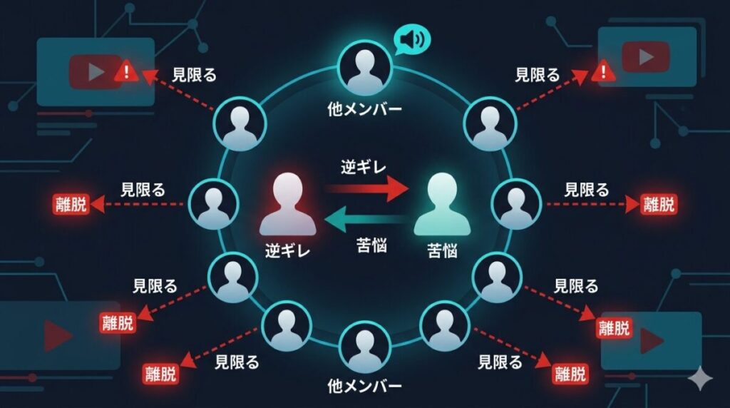 マホトの逆ギレ・無反応に対するがーどまんの苦悩と、それに呆れて離脱を決意する他メンバーの心理的構図を示した相関図