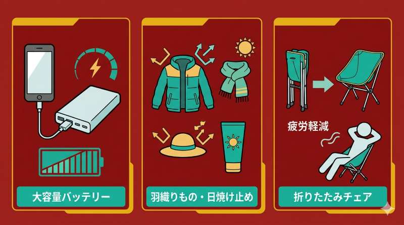 家康公行列の長時間の場所取りや屋外待機を快適に乗り切るための必須アイテム(モバイルバッテリー、防寒着、折りたたみチェアなど)を重要度順にまとめたチェックリスト図解。