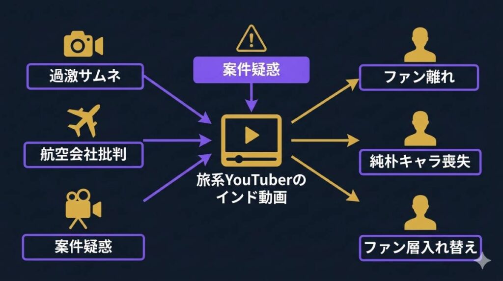 いけちゃんのインド旅行動画におけるエアインディア批判と案件疑惑の因果関係を図解