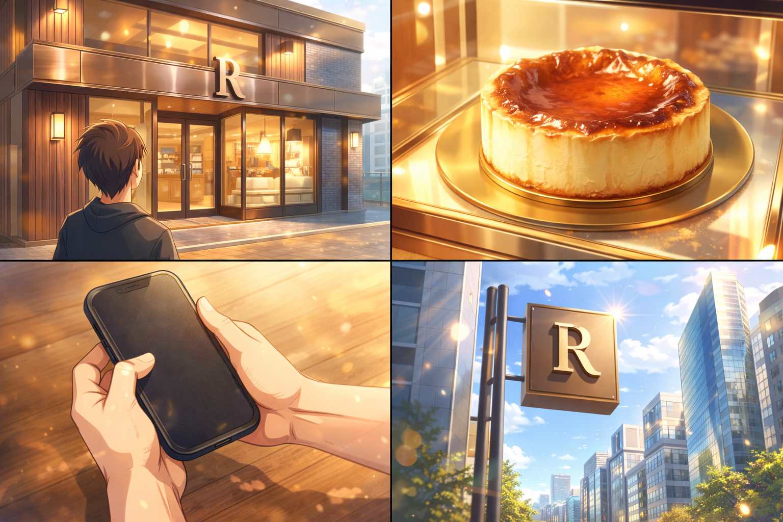 洗練されたケーキ店の外観と美しいチーズケーキ、スマホでオンライン注文を待つ様子、新しい街への出店を予感させる風景を描いたイラストイメージ