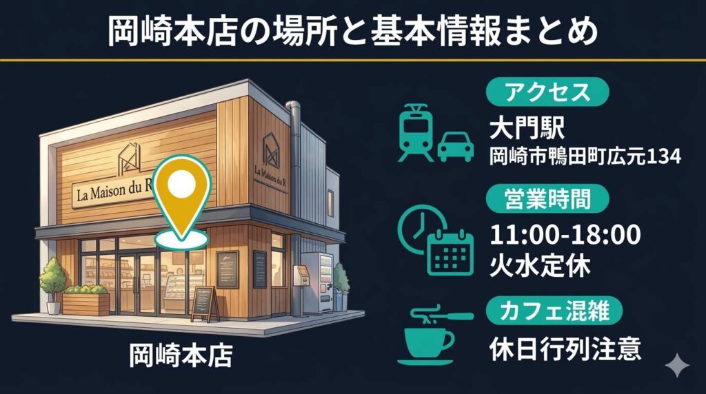 La Maison du Rの愛知県岡崎市本店へのアクセスや営業時間、カフェスペースの混雑状況などをまとめた店舗基本情報の図解