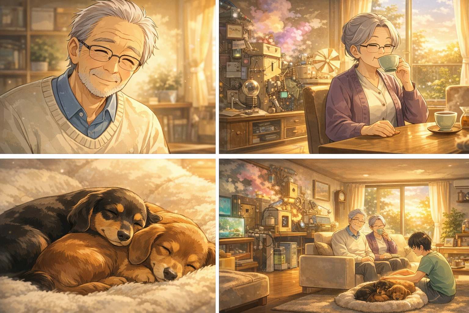 穏やかな笑顔の祖父と動じずにお茶を飲む祖母、そして寄り添って眠る2匹のダックスフントが描かれた温かい家族のイメージ