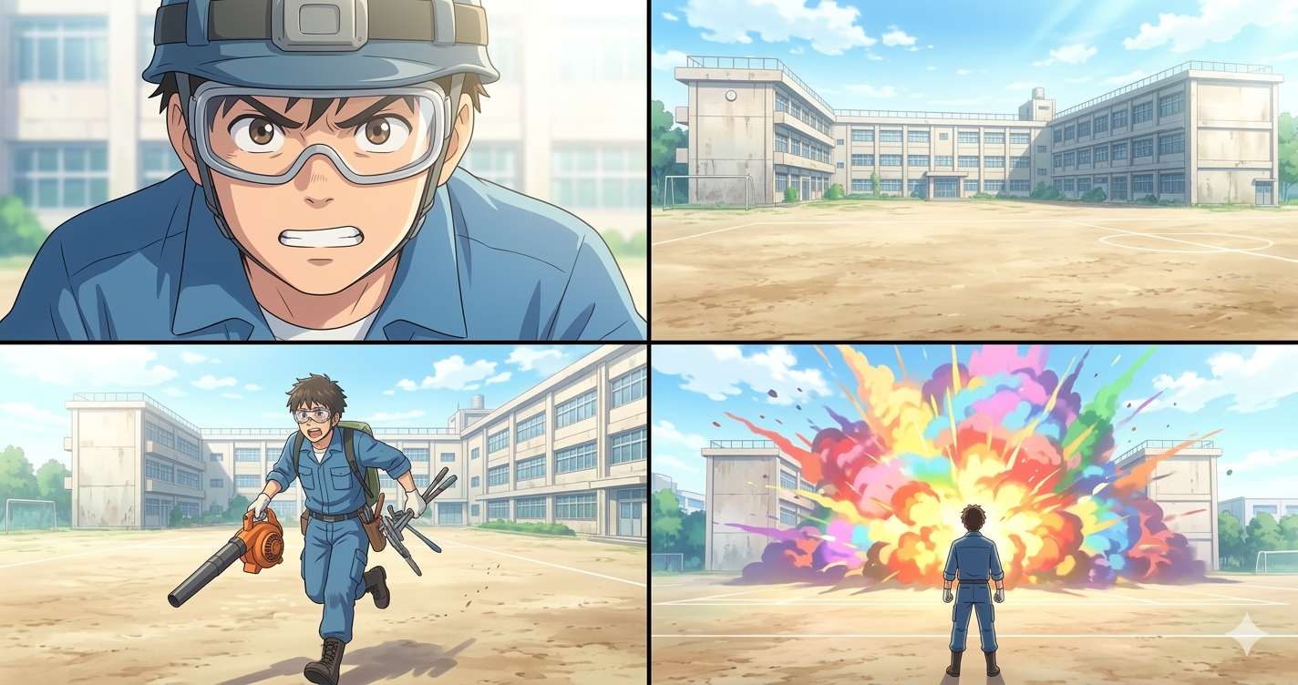 作業着と安全ゴーグル姿の若者が古い学校のグラウンドで奔走し、巨大な爆発実験を成功させるまでの過程を描いた4コマ風アニメ調イラストのイメージ
