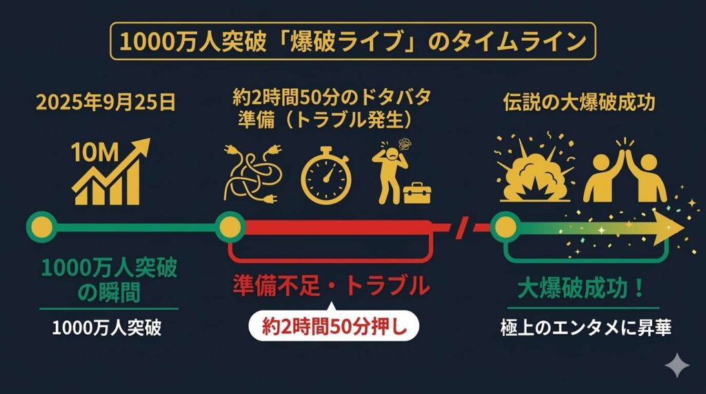 2025年9月25日の1000万人突破から伝説の大爆破に至るまでの約3時間に及ぶドタバタ劇を示すタイムライン図解。