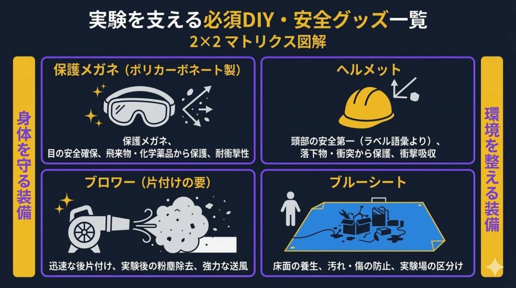 危険な実験と後片付けを支える主要な安全・DIYグッズ(ゴーグル、ヘルメット、ブロワー、ブルーシート)の役割をまとめたマトリクス図解。