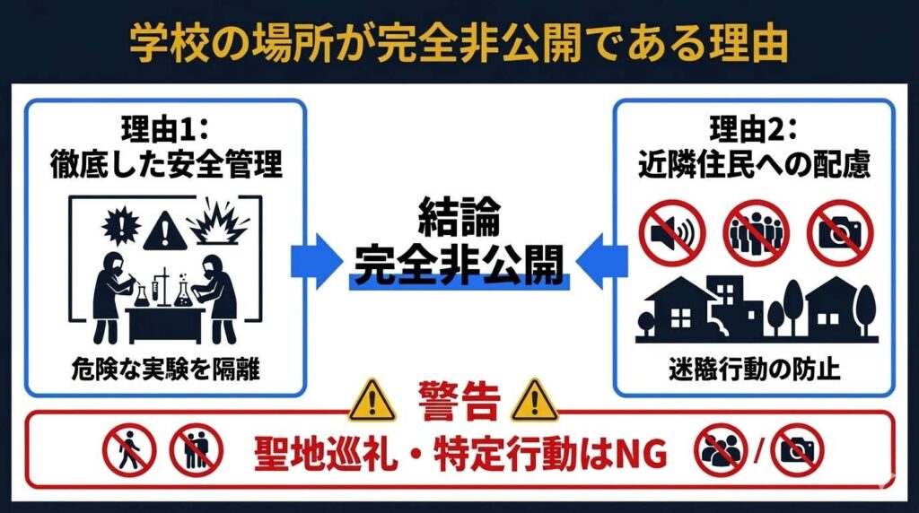 すしらーめんりくの学校の場所が完全非公開である理由を図解。安全管理と近隣への配慮が不可欠であることが分かる。