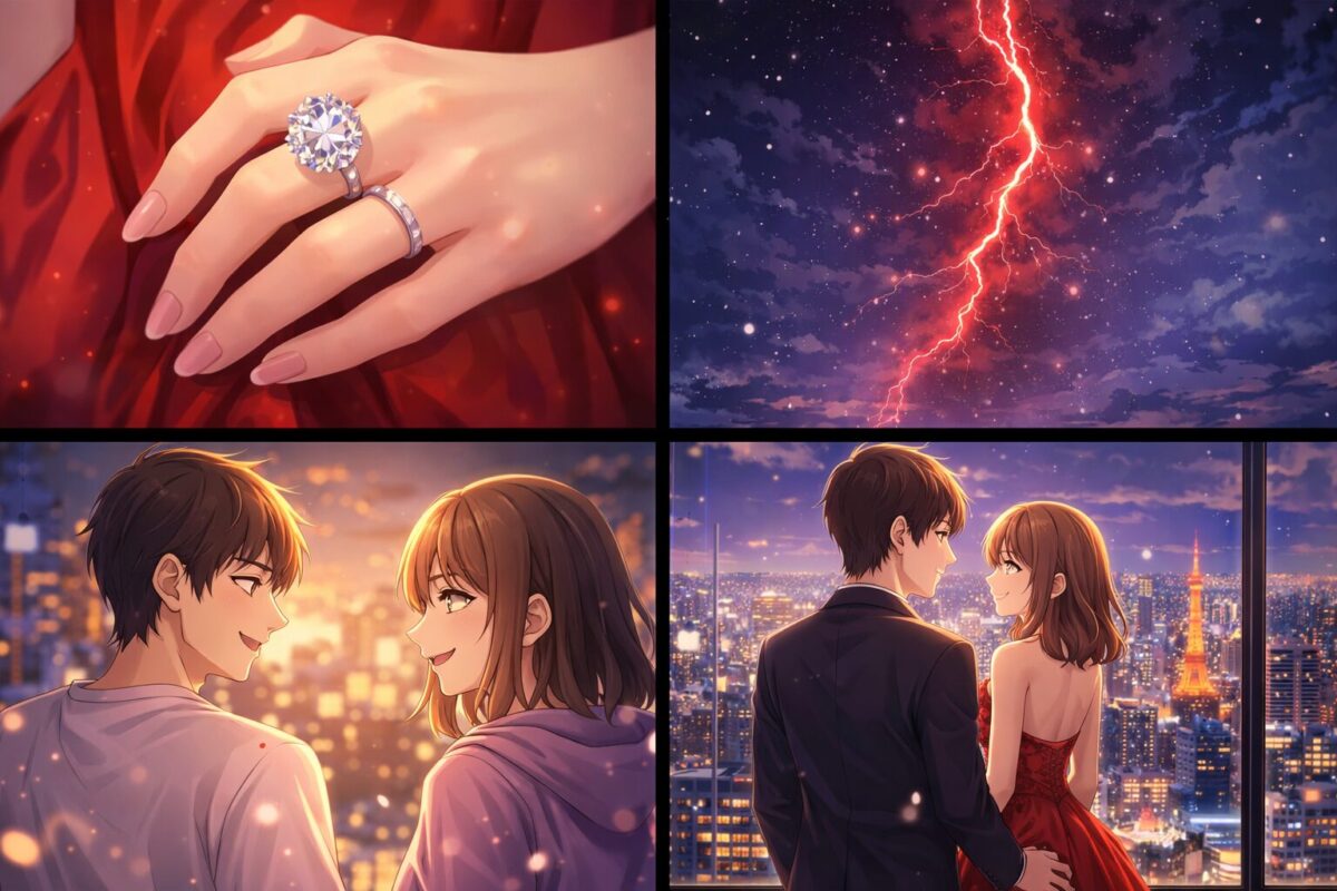 特大ダイヤモンドの指輪、赤い稲妻、過去を振り返る男女、タワーマンションからの夜景を描いた4コマ風のアニメ調イラスト