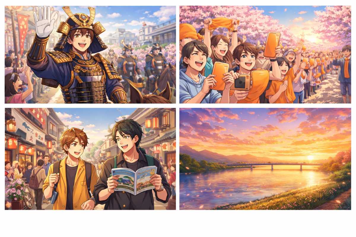 春の岡崎市で開催されるお祭りで、甲冑姿の若者がパレードする様子と、沿道でオレンジ色のグッズを持って応援するファン、街歩きを楽しむ風景を描いた4コマ風イラストイメージ。