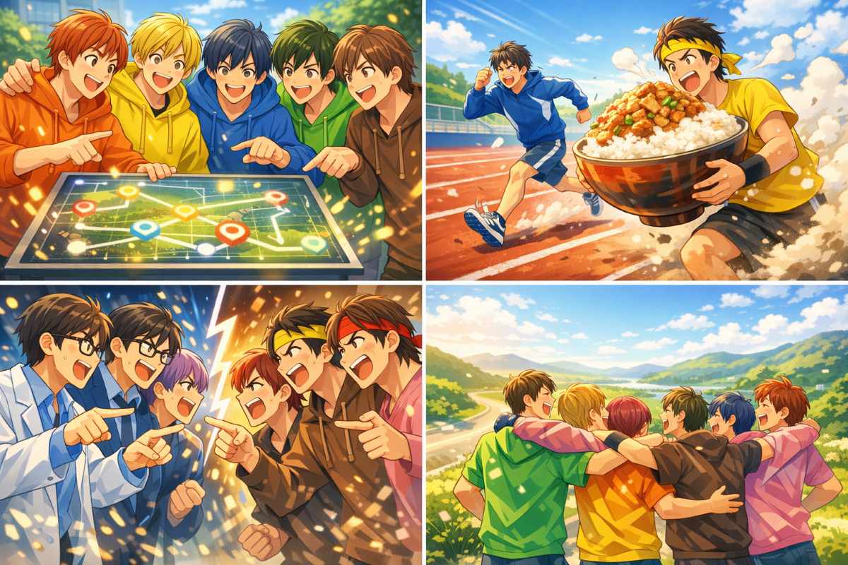 色鮮やかな服を着た6人の若者たちが、陸上トラックでの過酷なチャレンジやユーモラスな対決を経て、旅行先で大笑いするアニメ調のイメージ