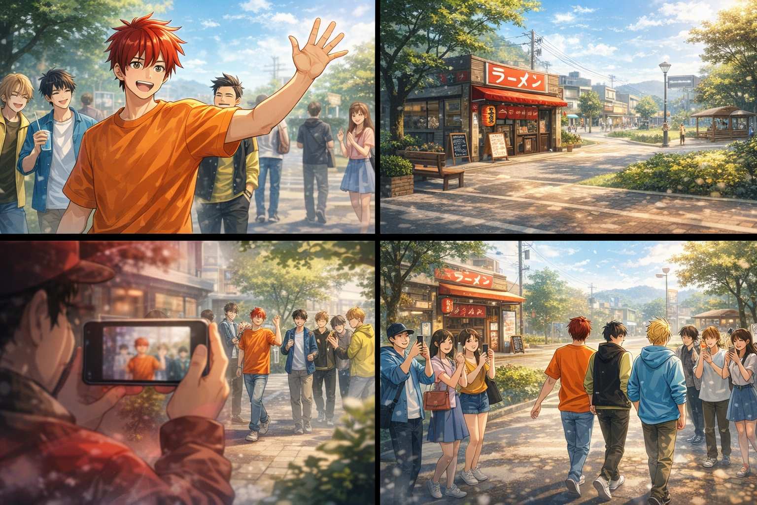 街中で笑顔で手を振る青年と、マナーを守って適切な距離から見守るファンたちの様子を描いたイメージ