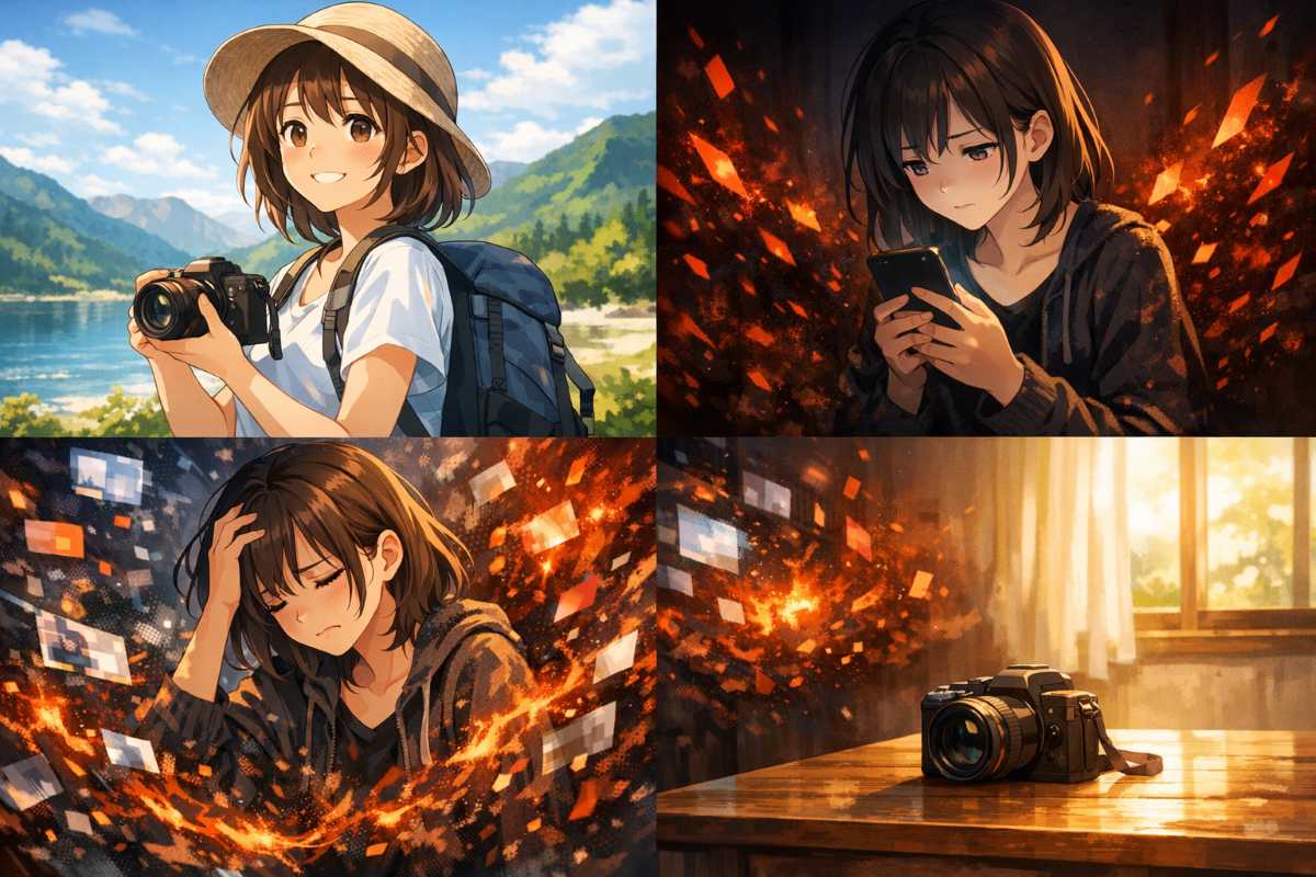 素朴な一人旅から始まり、SNSの炎上や批判の渦に巻き込まれ、最終的にカメラを置いて静寂に包まれるまでの女性配信者の変化を4コマのイラストで表現したイメージ。