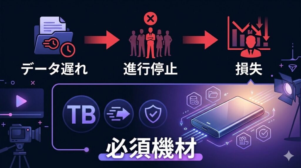 編集データ納品遅れが招くチーム全体の進行ストップという因果関係と、それを防ぐ大容量ポータブルSSDの重要性を解説した図解