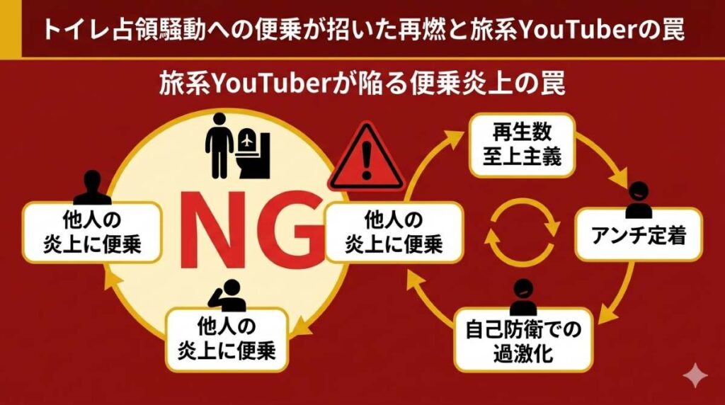 他者のトイレ占領騒動への便乗擁護が再生数至上主義の罠にはまったNG行動であることを示す図解