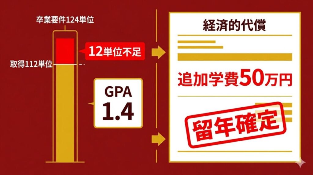 大学卒業に必要な124単位に対し、112単位しか取得できず12単位不足で留年が確定した状況と、追加学費50万円の代償を示す図解。