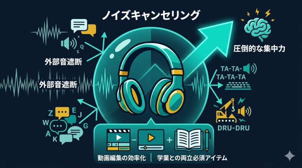 動画編集と学業の両立において、外部の雑音を遮断し集中力を極限まで高めるノイズキャンセリングヘッドホンの重要性と効果を示す図解。