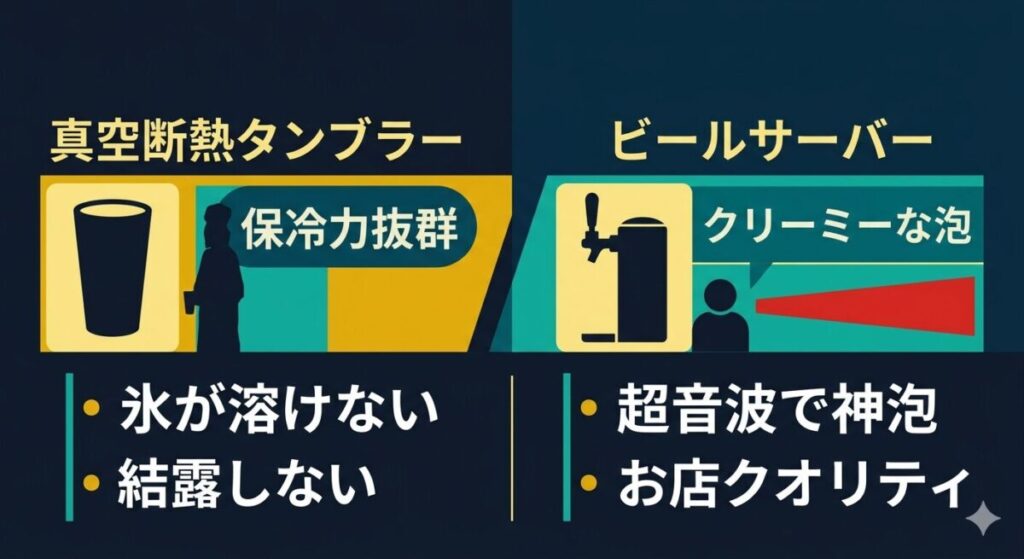 ゆめまるが動画内で愛用している真空断熱タンブラーと家庭用ハンディビールサーバーの特徴と、自宅での晩酌におけるメリットをまとめたアイテム紹介図解