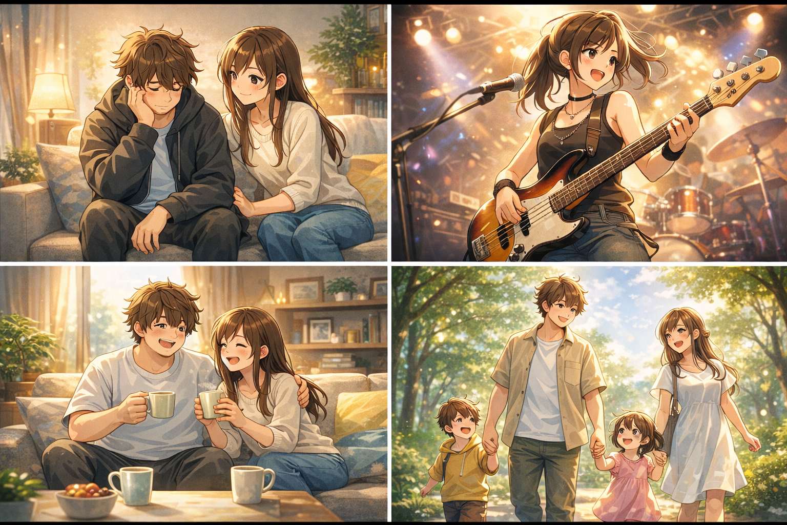 傷ついた青年の話を優しく聞く女性、ベースを弾く姿、穏やかな同棲生活、二人の子どもと歩む温かい家族の軌跡を描いた4コマ風イメージ