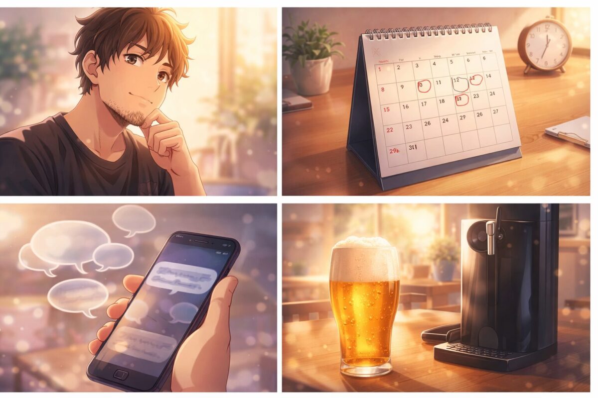 カレンダーを眺める青年とスマホに浮かぶSNSの噂、そして美味しそうなビールが注がれたグラスが並ぶイラストイメージ