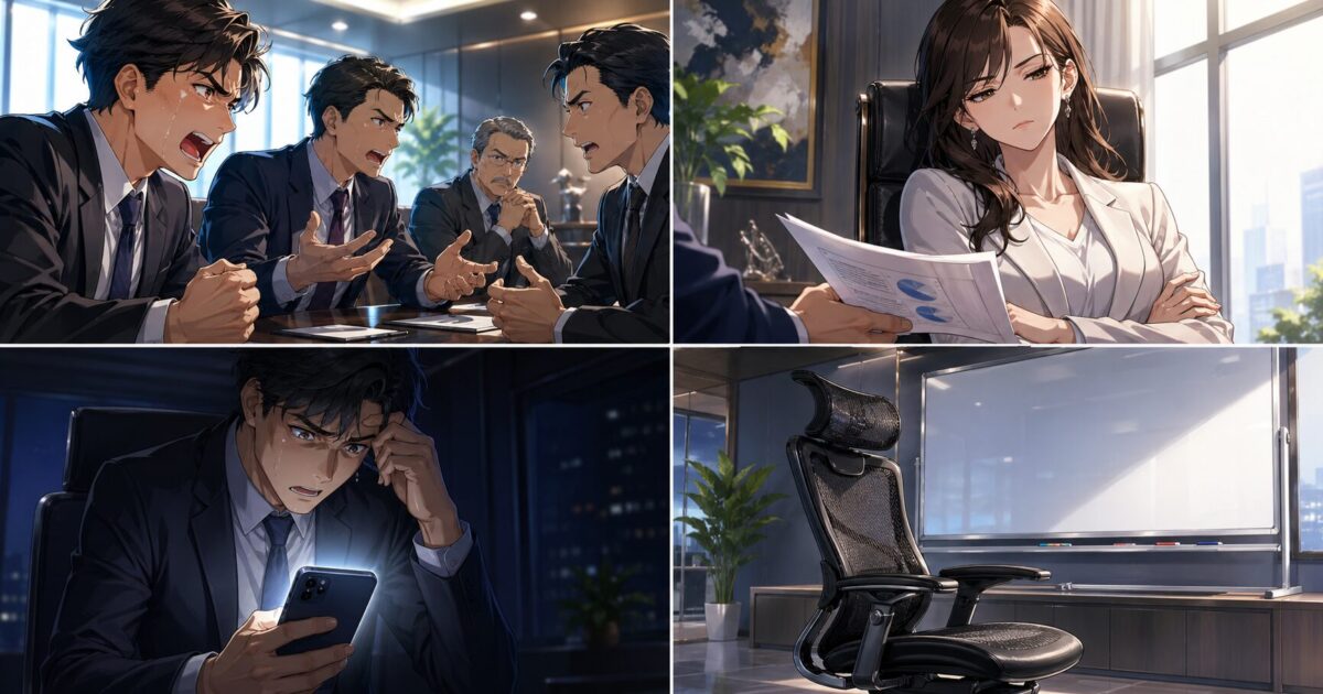 緊迫した会議室で熱弁する経営者たちや、提案を拒む女性、スマートフォンを見て苦悩する男性、高機能なオフィスチェアが描かれた4コマイラストのイメージ