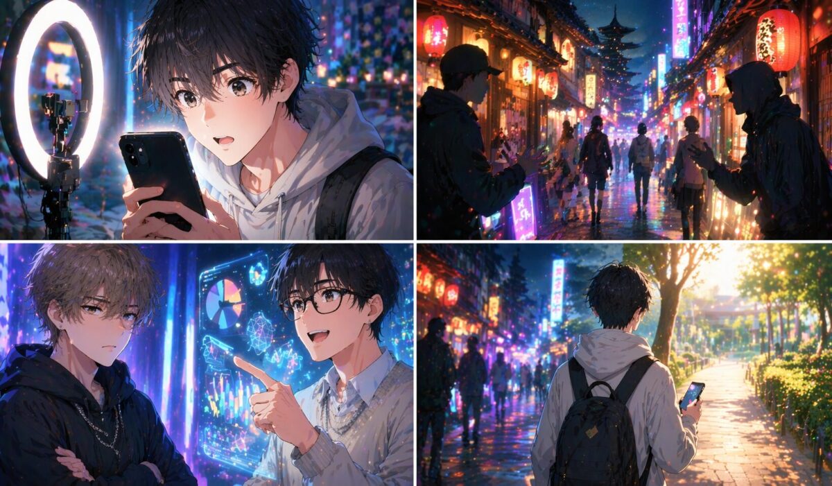 スマートフォンを見つめる若者と、繁華街のネオンサイン、冷やかな視線を送る人物、論理的に説明する人物が4コマ風に描かれたイメージ