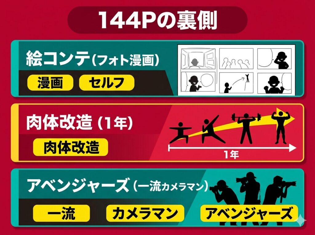 すしらーめんりく写真集の144ページに込められた3つの裏側を解説した情報整理図。本人が手掛けた絵コンテによるフォト漫画、1年かけた肉体改造、そして写真界のアベンジャーズ(トップカメラマン3名)による撮影という豪華な構成が一目で分かります。