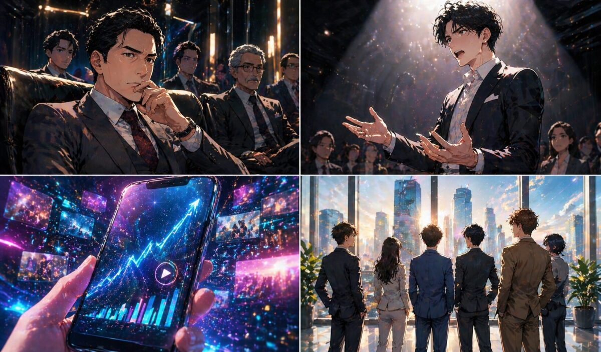 薄暗いスタジオでスーツ姿の投資家たちが鋭い視線を送る場面や、スポットライトを浴びて熱弁を振るう若者、動画配信の盛り上がりを表現したイメージ