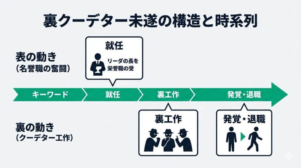 林主宰の権限なき名誉職と、裏で進行していたズッキー氏のクーデター未遂事件の時系列と構造を示すフロー図。