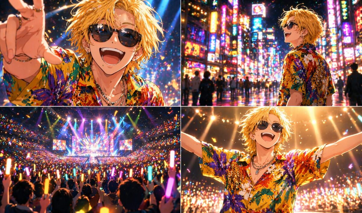 金髪で奇抜な柄シャツとサングラスを身につけた青年が、ネオン街と熱狂するアリーナステージを背景に明るく笑っているイメージ