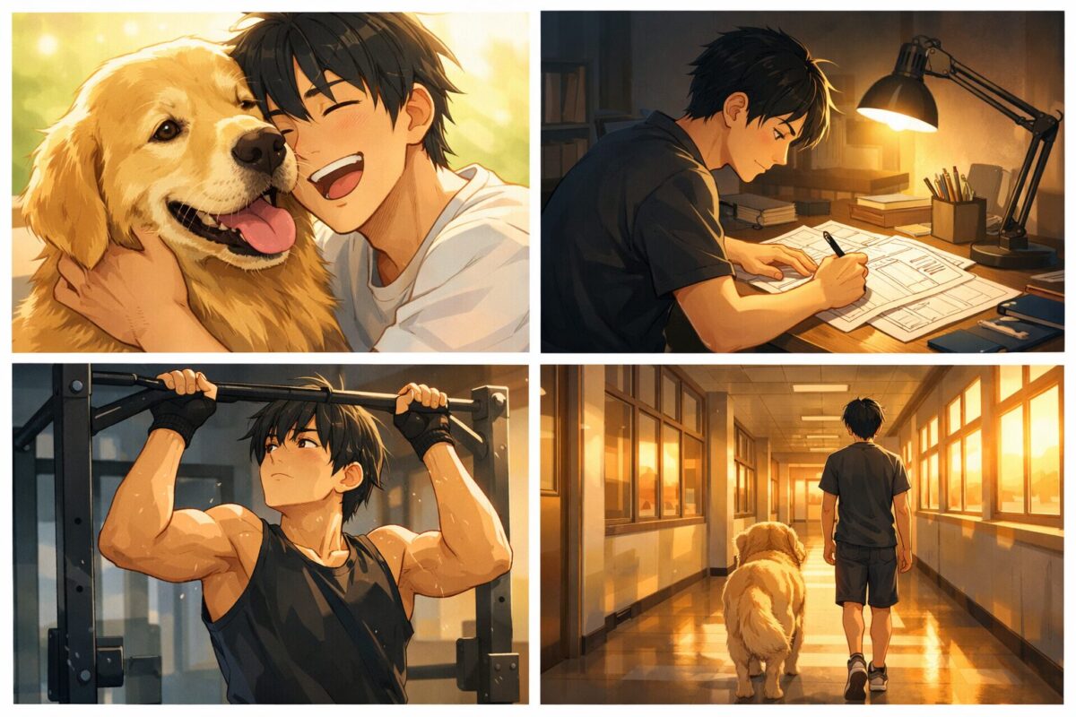 笑顔で大型犬と寄り添う青年、机に向かい絵コンテを描く真剣な姿、懸垂マシンで身体を鍛える様子、夕暮れの学校の廊下を1人と1匹で歩く情景を描いた4分割のアニメ風イラストイメージ。