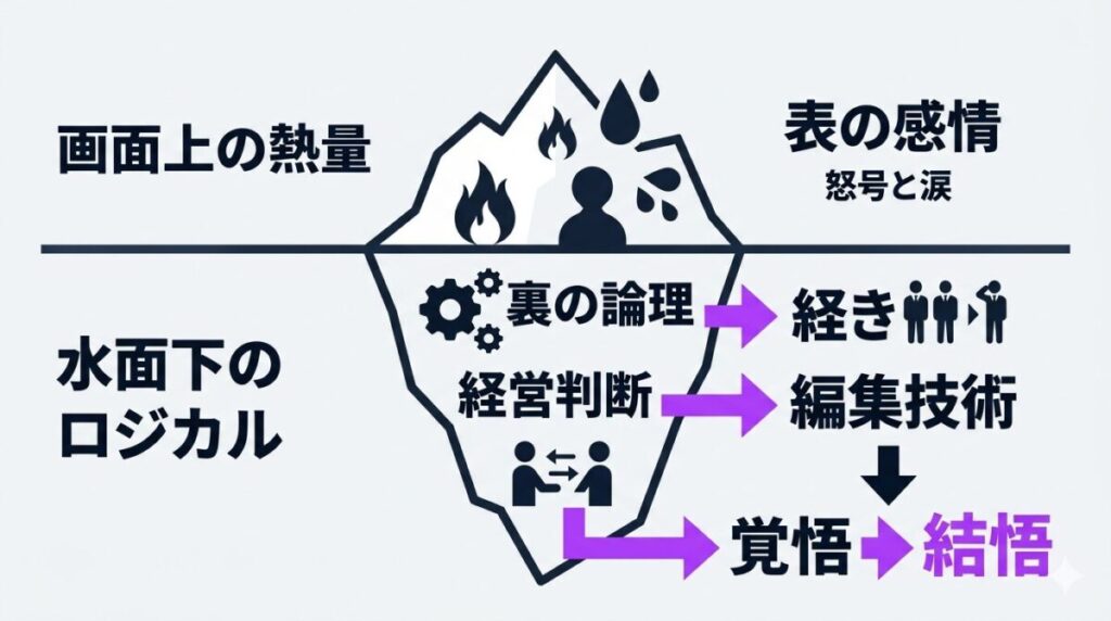 特別回動画の表面的な感情の衝突と、その裏にある虎たちのロジカルな経営判断や制作陣の覚悟を対比させた構造図。