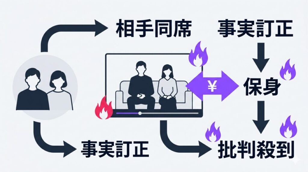 謝罪動画に相手女性を同席させ金銭的な解決で事実を訂正させたことが更なる非難を招いた炎上の構造図解