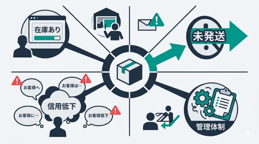 炎上騒動の裏で自社製品が在庫あり表示にも関わらず未発送となっている事業体質への厳しい指摘をまとめた図解