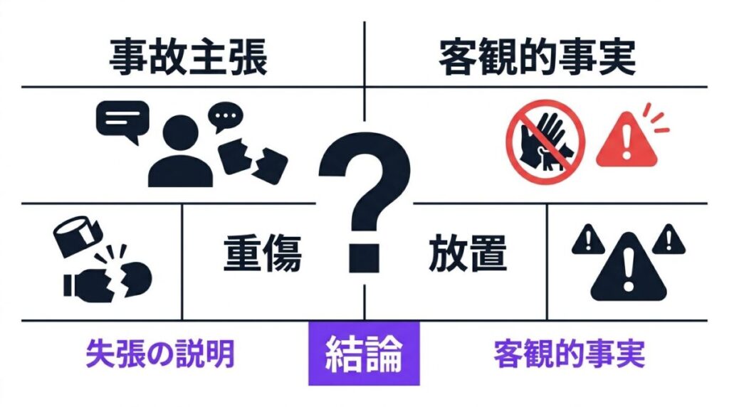 ペットの重傷に関して本人の事故という主張と病院へ連れて行かなかった放置の事実を比較検証した図解